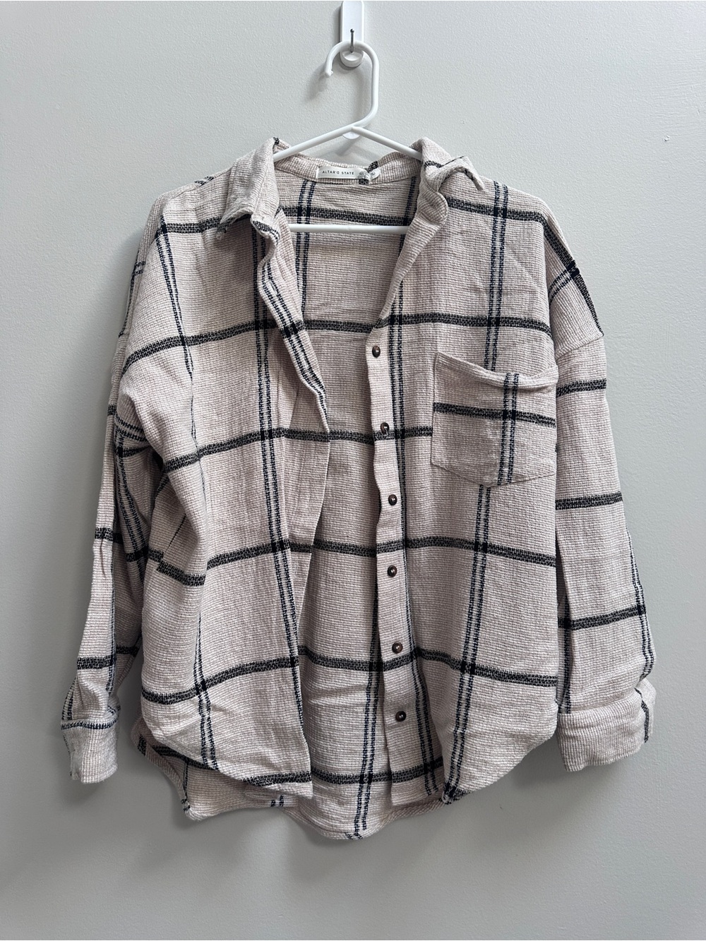 Altar'd State Cream and Black Plaid Knit button down